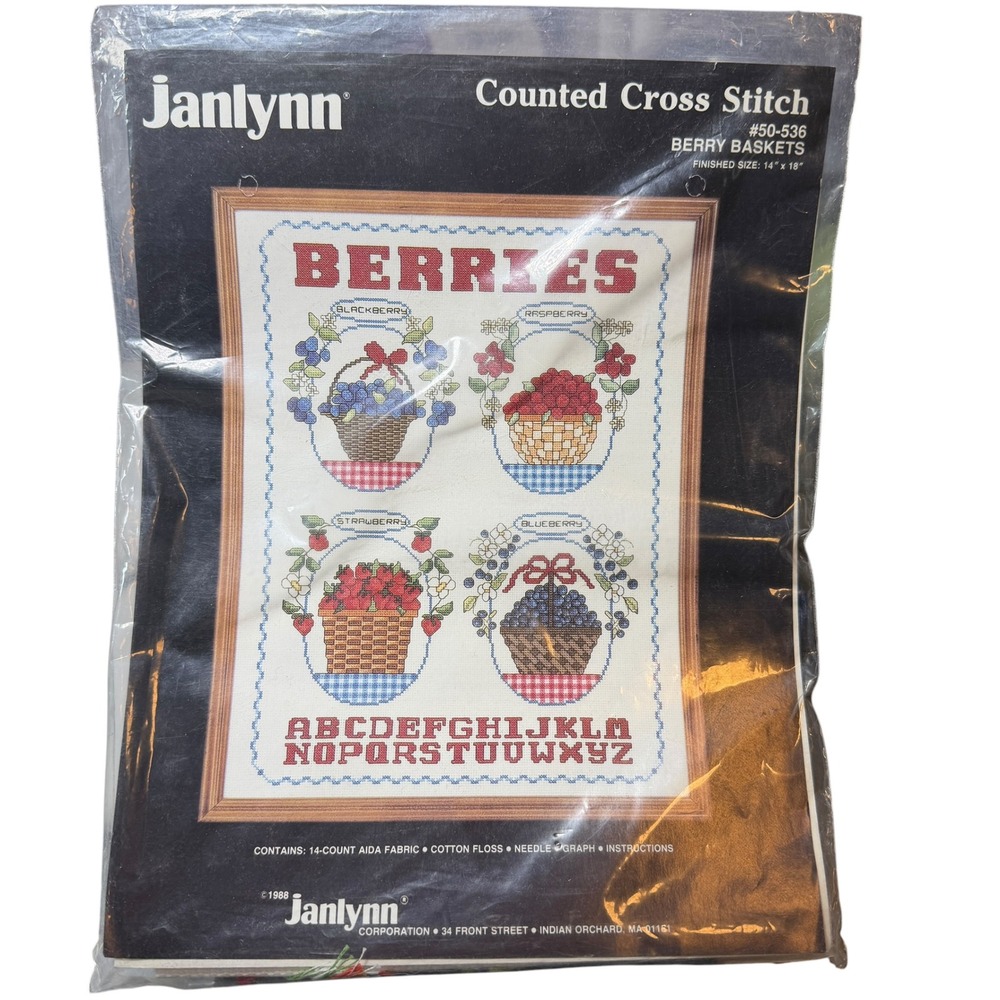 Janlynn Counted Cross Stitch Kit Berry Baskets 50-536 Vintage 1988 Sampler New